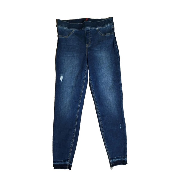 Spanx Distressed Ankle Skinny Jeans Raw Hem Medium Wash Women's Size L - Picture 1 of 10